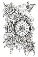 eye melting clock with october flower and january flower with greek ribbin wrapping all around  tattoo design idea