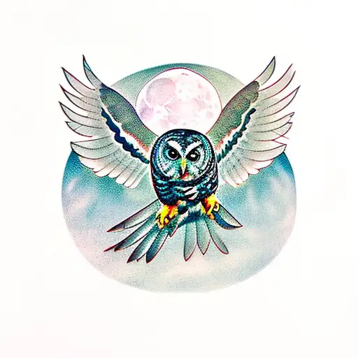 barred owl with eagle moon and raven shadow tattoo design idea