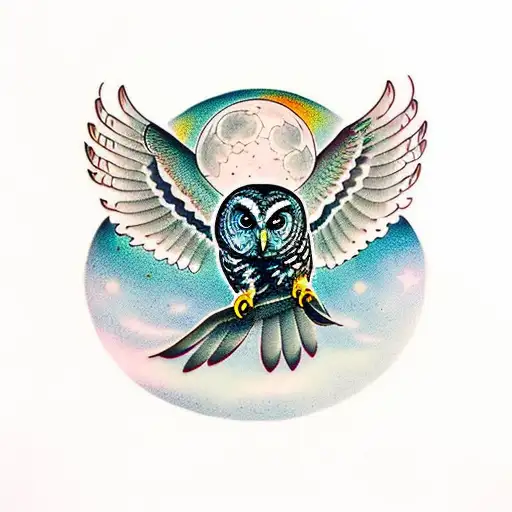barred owl with eagle moon and raven shadow tattoo design idea