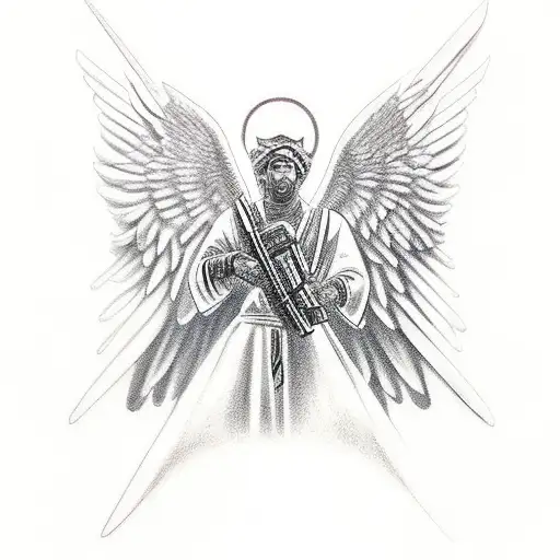 Archangel Micheal holding a weapon tattoo design idea