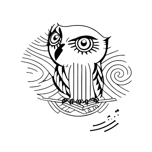 A minimalist tattoo of an owl perched on a road sign with the words 'mental healing' tattoo design idea