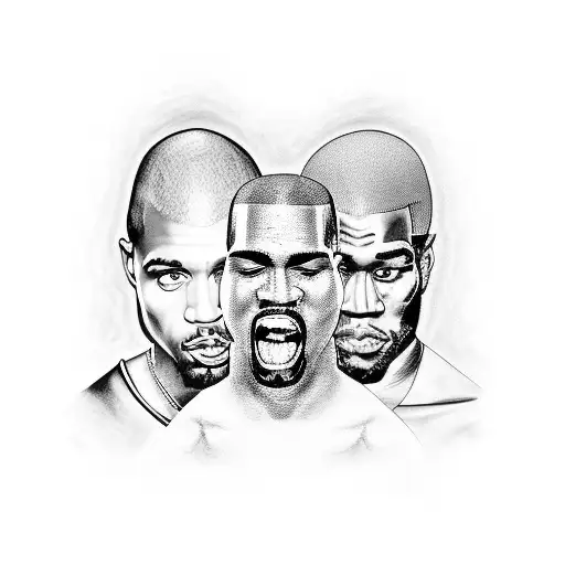 A black-grey portrait tattoo of Michael Jordan, Kanye West, and Mike Tyson with elements representing their respective passions tattoo design idea