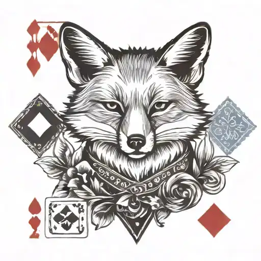 Small minimal fox sitting on a square background, accented by calligraphy brush strokes, with 4 large Aces playing cards tattoo design idea