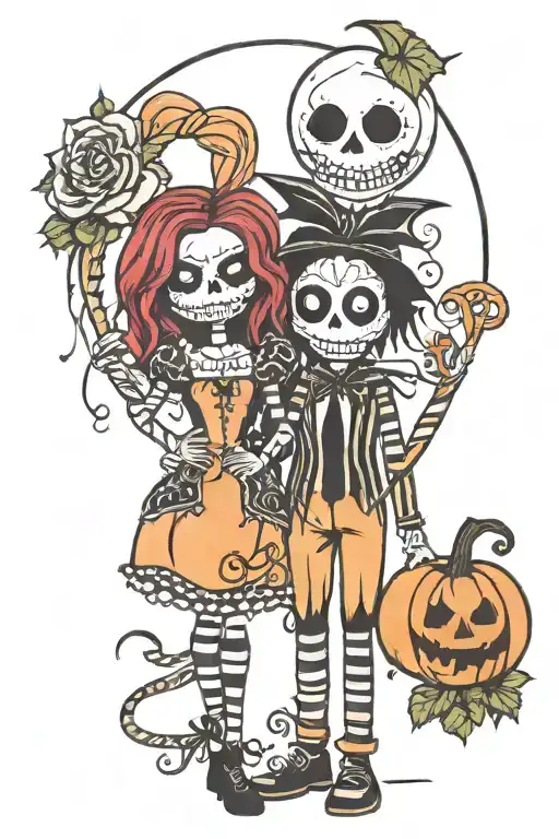 Jack the pumpkin king & sally the rag doll holding tattoo design idea
