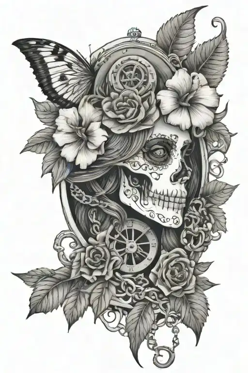 La catrina, Pocket watch mechanism intertwined with chain, hibiscus flower  tattoo design idea