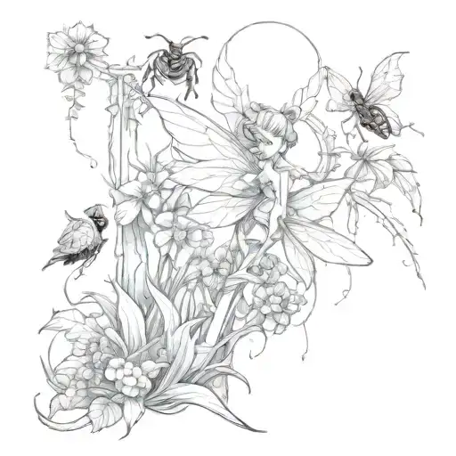 a beatuiful magical fairy land with hidden horrors, carnivourous plants, bugs, spiders, snakes tattoo design idea