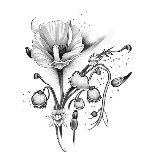 lily of the valley, poppy, hawthorn, rose, aster, daffodil, and honeysuckle flowers tattoo design idea