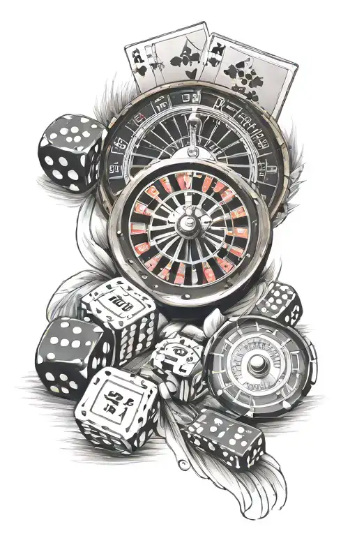 Roulette wheel, dice, straight flush hand holding tattoo design idea