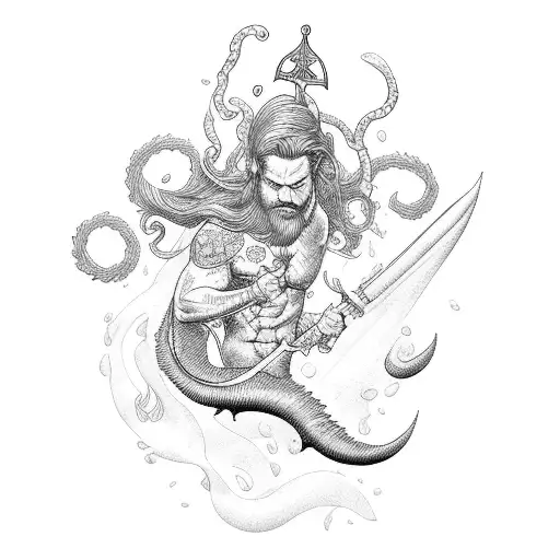 merman with a trident and marine animals tattoo design idea