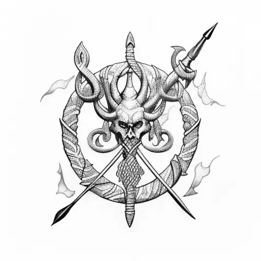 Triton with a trident and marine animals tattoo design idea