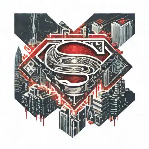 RED SUPERMAN LOGO IN FRONT OF CITYSCAPE  tattoo design idea