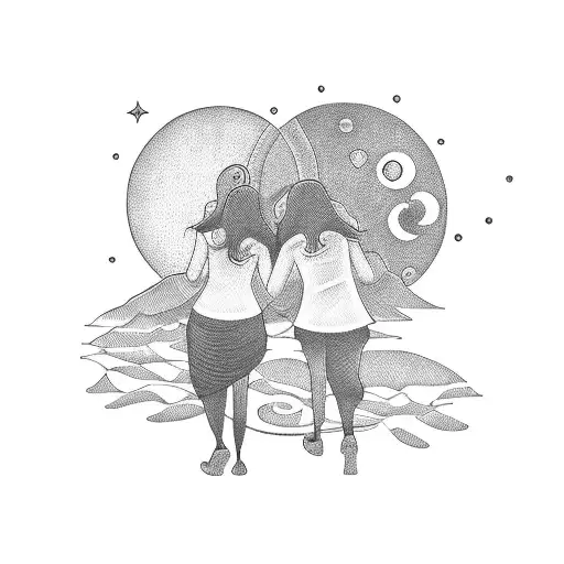 A blackwork tattoo illustrating the love between a mother and daughter with the sun and moon tattoo design idea