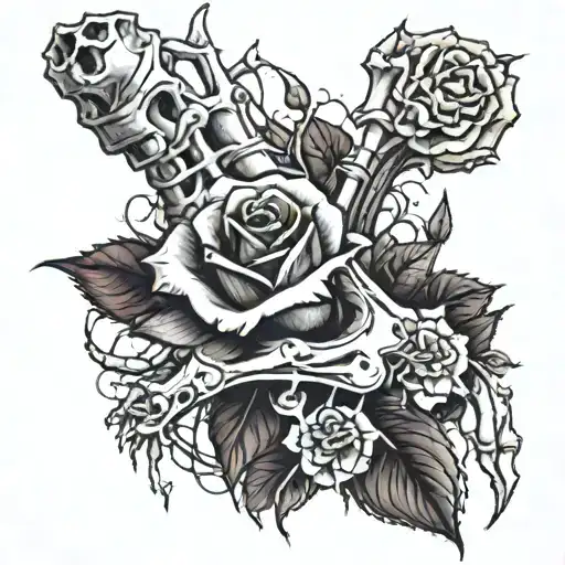 skeleton's hand reaching for a rose with its petals falling off very detailed tattoo design idea