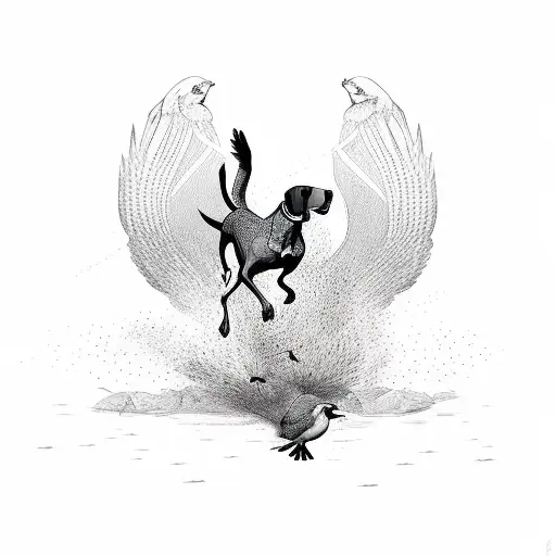 A German shorthaired pointer chasing a flock of birds tattoo design idea