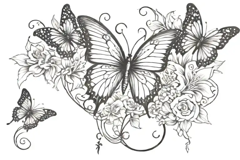 butterfly tattoo with a crescent moon on top of the butterfly. flowers coming from the butterfly tattoo design idea