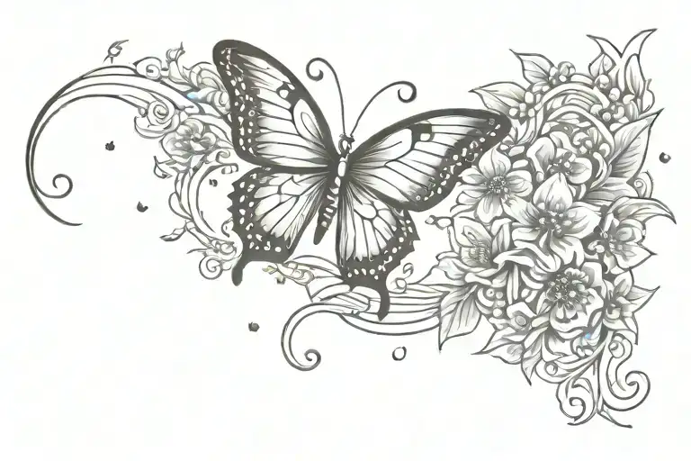butterfly tattoo with crescent moon on top. flowers coming from the butterfly tattoo design idea