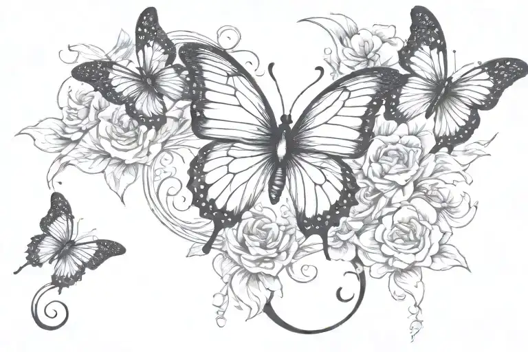 butterfly tattoo with a crescent moon on top of the butterfly. flowers coming from the butterfly tattoo design idea