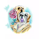 Girl sitting with golden retriever and shih-tzu  tattoo design idea