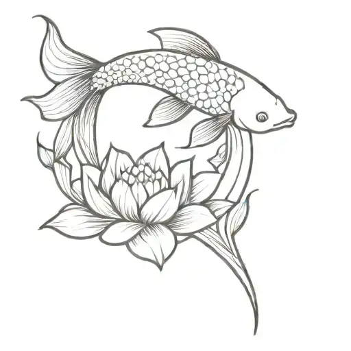 a minimalist, pretty feminine koi fish with a lotus flower, make the petals and fish tail long and detailed  tattoo design idea