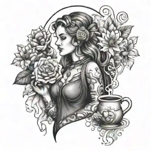 A barista goddess holding a bouquet of coffee flowers and surrounded by mystical symbols tattoo design idea