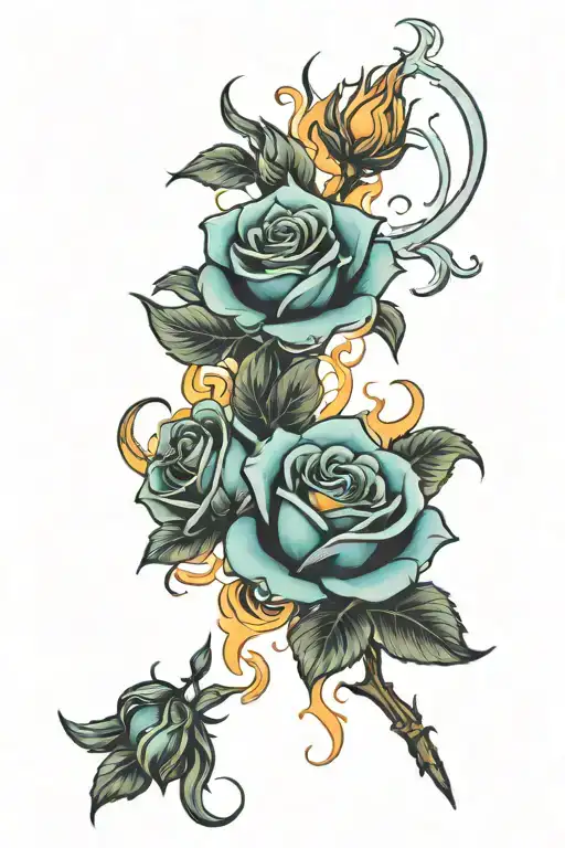 roses, fire, tattoo design idea
