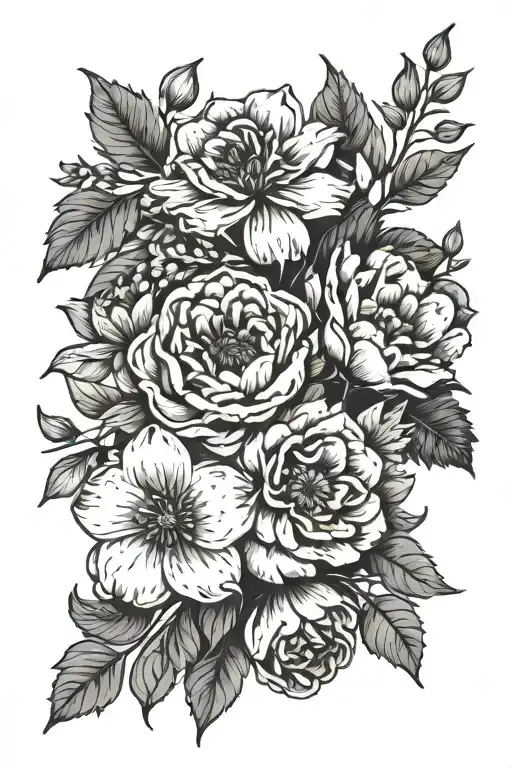 February, march, April, September, and November birth flower bouquet  tattoo design idea