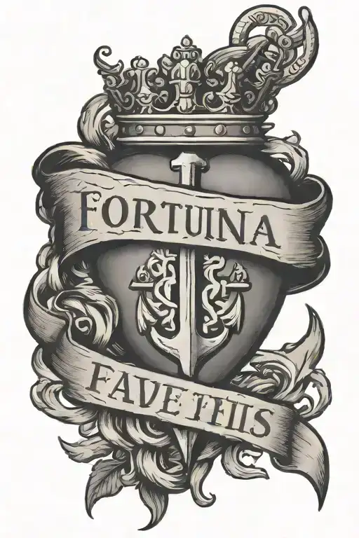 heart with anchor cross surrounded with phrase "fortuna favet fidelis" tattoo design idea
