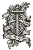 heart with anchor cross surrounded with phrase "fortuna favet fidelis" tattoo design idea