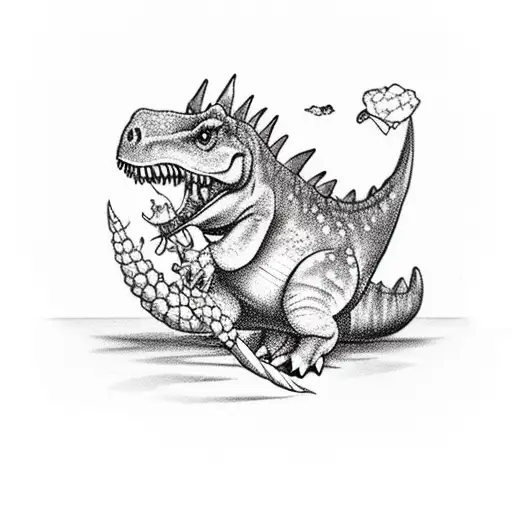 Cute and mini dinosaur while eating corn tattoo design idea