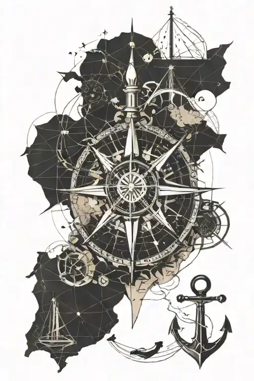 anchor, compass, world map tattoo design idea
