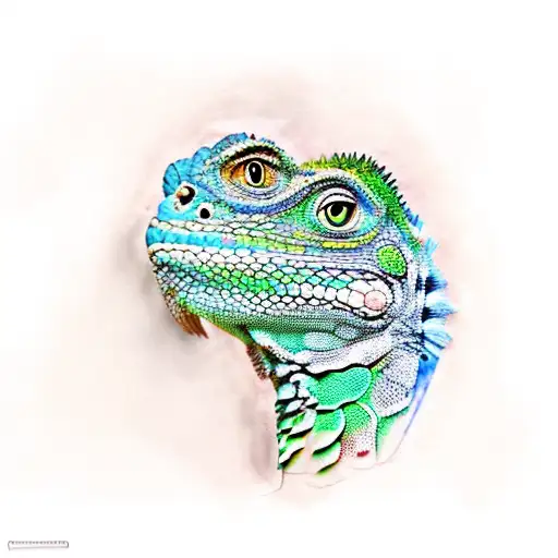 Continent South America in the shape of a green iguana hold by a woman pachamama tattoo design idea