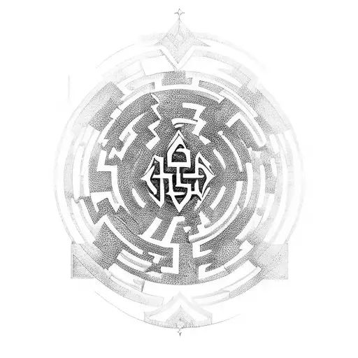 A mysterious labyrinth with hidden spiritual symbols tattoo design idea