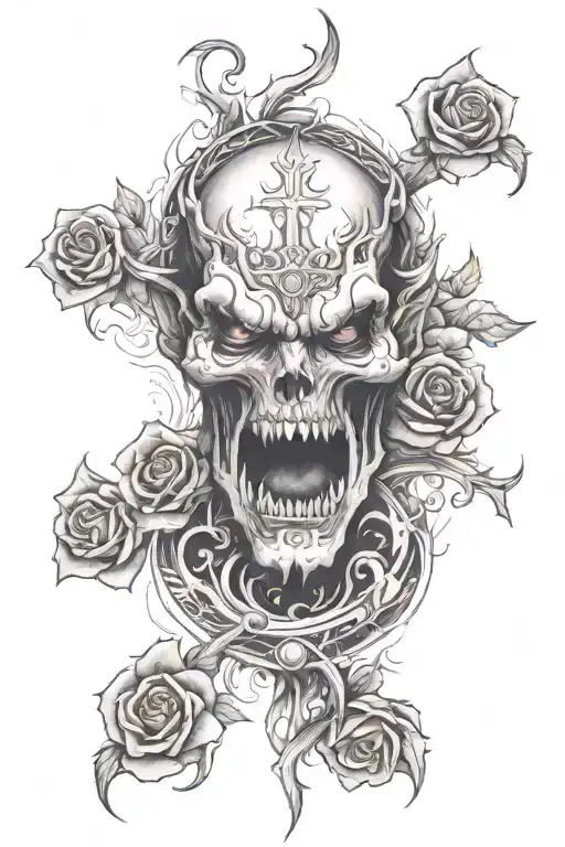 demon in smoke, rose, 2 simple small crucifixes  tattoo design idea