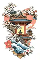 Sunrise at the back, ocean waves in the middle, sakura and a shrine at the front tattoo design idea