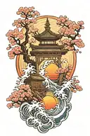 Sunrise at the back, ocean waves in the middle, sakura and a shrine at the front tattoo design idea