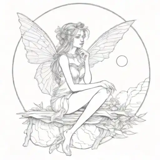 fairy sitting in front of full moon looking at moon.  tattoo design idea
