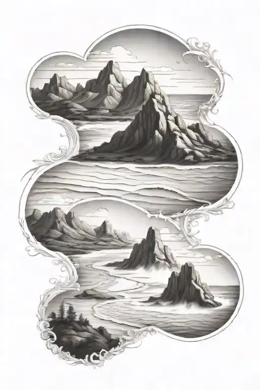 a blend of the ocean beach and mountain trail in black and grey tattoo design idea