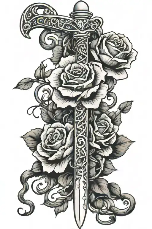 sword covered in blue roses with vines and a snake  tattoo design idea