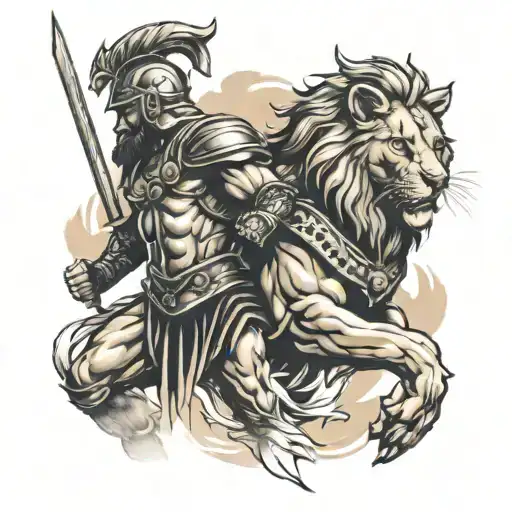 gladiator and lion tattoo design idea