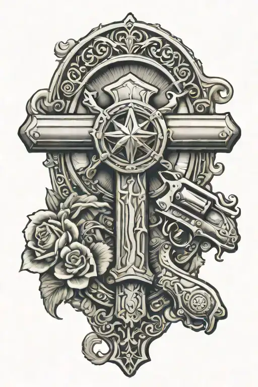 cross with two old west revolvers crossing tattoo design idea