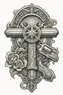cross with two old west revolvers crossing tattoo design idea