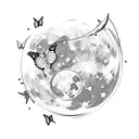 moon with butterfly and stars with rose and rocket going around moon tattoo design idea
