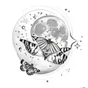 moon with butterfly and stars with rose and rocket going around moon tattoo design idea