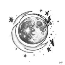 moon with butterfly and stars with rose and rocket going around moon tattoo design idea