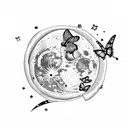 moon with butterfly and stars with rose and rocket going around moon tattoo design idea