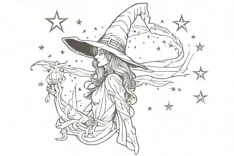 I want the words witch in a nice big font, with a witches hat on top the W with dark fire around it was stars in the fir tattoo design idea