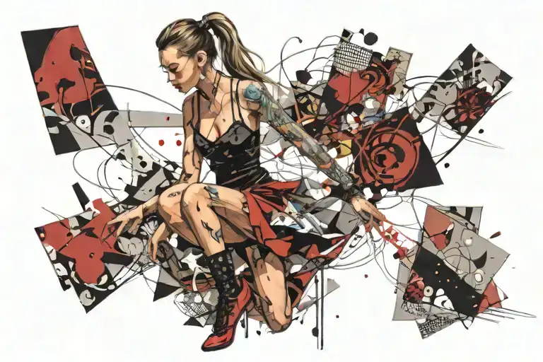 woman wearing short skirt and a singlet with long legs and hair in a ponytail long pulled up socks and high heels  tattoo design idea