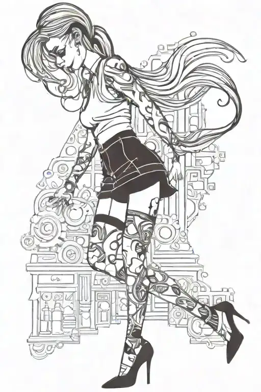 woman wearing short skirt and a singlet with long legs and hair in a ponytail long pulled up socks and high heels  tattoo design idea