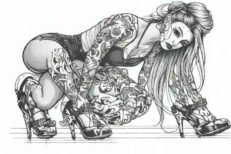 woman wearing short skirt and a singlet with long legs and hair in a ponytail long pulled up socks and high heels  tattoo design idea