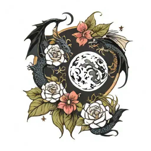 Dragons, flowers, moon, matching tattoo for couple tattoo design idea